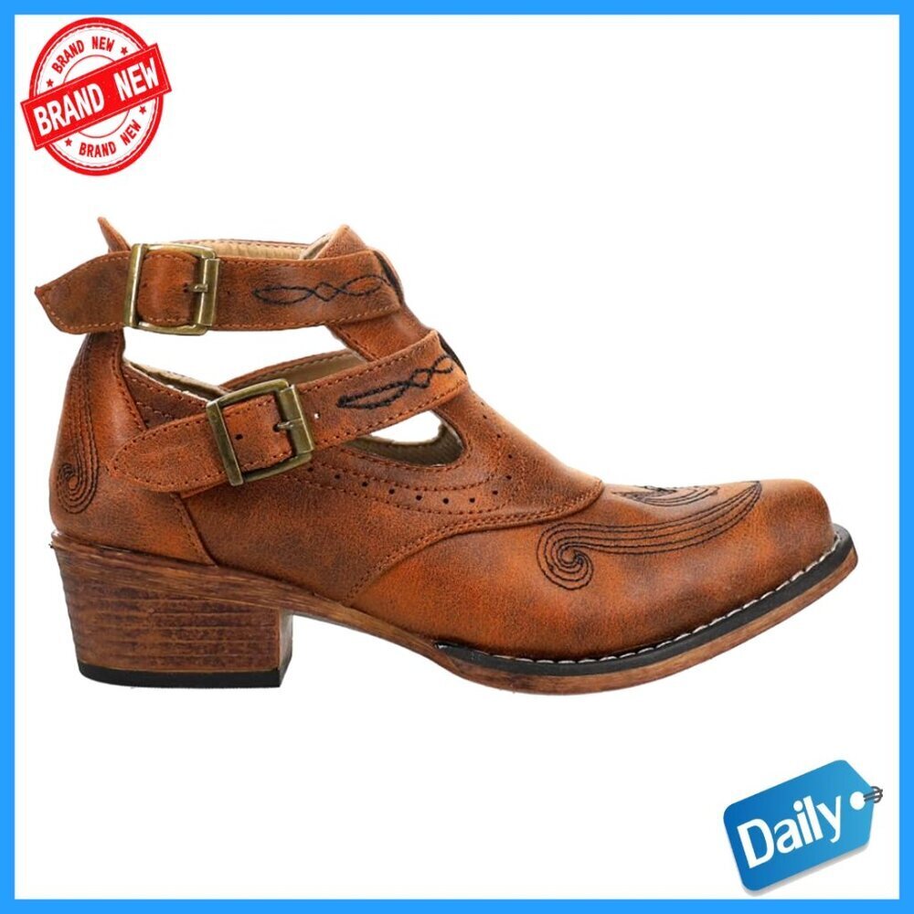 Western Chic Ankle Booties Stacked Heel Leather Straps Buckle Closure Casual